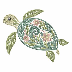 May include: Embroidered sea turtle design with a detailed floral and leaf pattern in shades of green, pink, and cream. The turtle's shell features a swirling design with flowers and leaves. The design is on a white background.