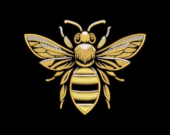 May include: A gold embroidered bee with silver accents. The bee has a black and yellow striped abdomen and wings with a detailed design.
