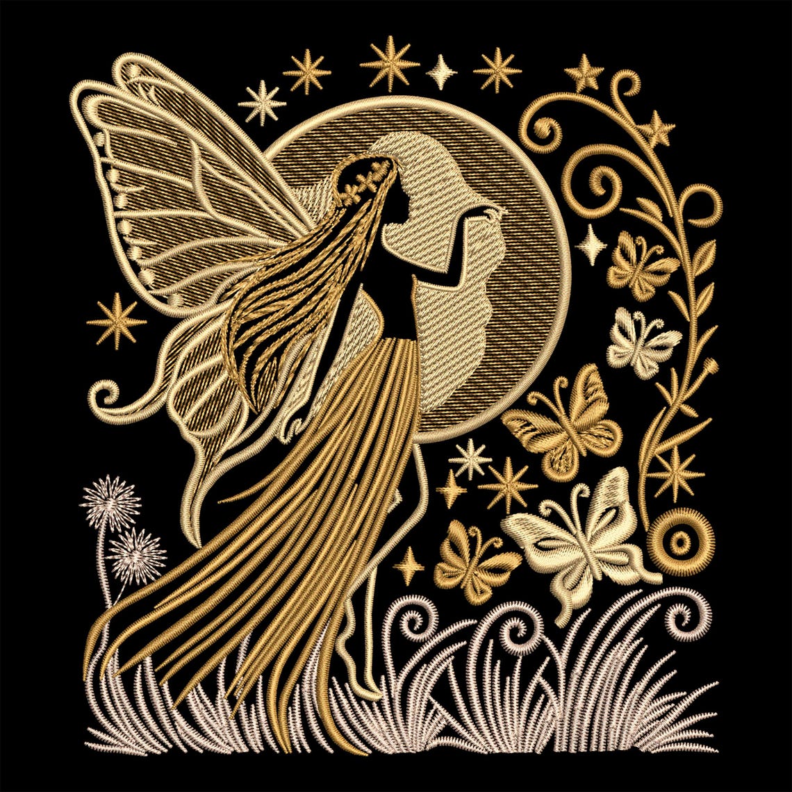 Moon Fairy Embroidery Design – Whimsical Silhouette Machine Embroidery ...