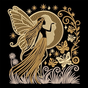 Moon Fairy Embroidery Design – Whimsical Silhouette Machine Embroidery for Dark Fabric, Magic Forest Wings and Stars File, DIY Gift Idea