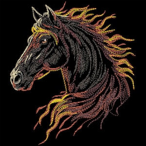 May include: An embroidered image of a horse's head in profile, with a dark coat and a flowing mane. The mane and facial details are highlighted with red, yellow, and orange threads, set against a black backdrop, creating a striking contrast.
