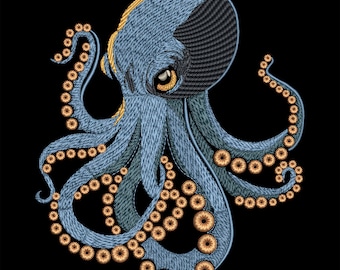 May include: Embroidered octopus design in shades of blue, black, and gold on a black background. The octopus has detailed tentacles with circular patterns and a textured appearance, suitable for apparel or home decor.
