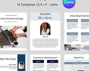 May include: A client onboarding packet template with 14 templates, 8.5 x 11 inches. The design includes a welcome package, onboarding timeline, frequently asked questions, and a thank you page. The Canva logo is visible.