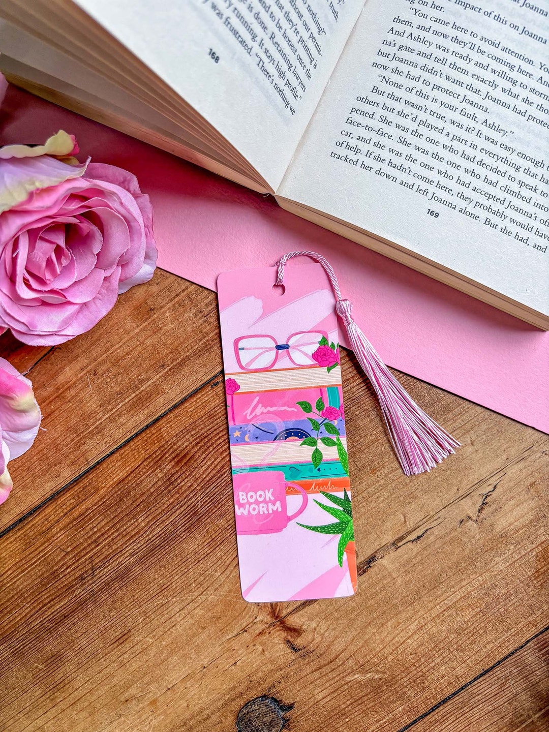 Bookworm Bookmark Pink Bookmarks Gift for Book Lover Book Art Print Bookmark Gift Cute Bookmark
