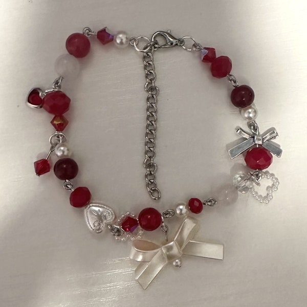 Red Valentines cupid y2k wire beaded bracelet coquette bows