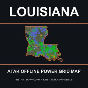 Puede incluir: Un mapa digital de Luisiana con un contorno naranja, que muestra una red eléctrica con marcadores verdes, azules y naranjas. El texto dice LOUISIANA, ATAK OFFLINE POWER GRID MAP, INSTANT DOWNLOAD, KMZ e iTAK COMPATIBLE sobre un fondo oscuro.