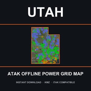 Puede incluir: Un mapa digital de Utah con un borde naranja sobre un fondo oscuro. El mapa muestra una red eléctrica con varios marcadores azules, verdes y naranjas. El texto dice UTAH, ATAK OFFLINE POWER GRID MAP, INSTANT DOWNLOAD, KMZ, ITAK COMPATIBLE.