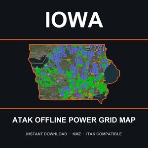 Puede incluir: Un mapa digital de Iowa delineado en naranja sobre un fondo oscuro, con numerosos iconos verdes y azules sobre el terreno. El texto IOWA y ATAK OFFLINE POWER GRID MAP aparece en blanco, con INSTANT DOWNLOAD KMZ iTAK COMPATIBLE debajo.