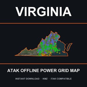 Puede incluir: Un mapa digital de Virginia con un contorno naranja sobre un fondo oscuro. El mapa muestra una superposición de red eléctrica colorida con marcadores verdes, azules y naranjas. El texto dice VIRGINIA, ATAK OFFLINE POWER GRID MAP, INSTANT DOWNLOAD, KMZ, iTAK COMPATIBLE.