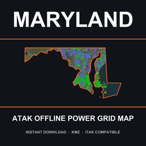 Può includere: Una mappa digitale del Maryland delineata in arancione su uno sfondo scuro. L'interno presenta una griglia colorata con varie icone. Il testo recita MARYLAND in alto e ATAK OFFLINE POWER GRID MAP in basso, con testo più piccolo sotto.
