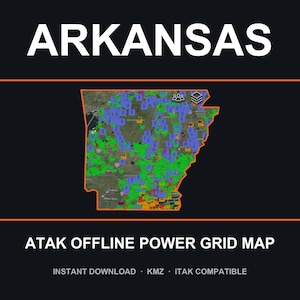 Puede incluir: Un mapa digital de Arkansas con un contorno naranja sobre un fondo oscuro. El mapa muestra varios iconos verdes, azules y naranjas superpuestos al terreno. El texto dice ARKANSAS, ATAK OFFLINE POWER GRID MAP, INSTANT DOWNLOAD, KMZ, iTAK COMPATIBLE.