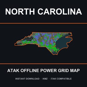 Puede incluir: Un mapa digital de Carolina del Norte con un contorno naranja sobre un fondo oscuro. El mapa muestra una red eléctrica fuera de línea ATAK con varios iconos verdes y azules. El texto incluye NORTH CAROLINA, ATAK OFFLINE POWER GRID MAP, INSTANT DOWNLOAD, KMZ e ITAK COMPATIBLE.