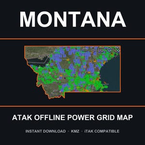 Puede incluir: Un mapa digital de Montana con un contorno naranja y numerosos iconos verdes y azules que representan una red eléctrica. El texto dice MONTANA, ATAK OFFLINE POWER GRID MAP, INSTANT DOWNLOAD, KMZ e iTAK COMPATIBLE sobre un fondo oscuro.