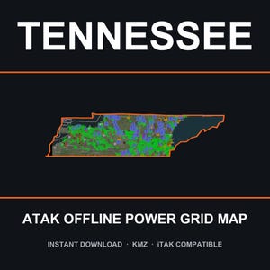 Puede incluir: Un mapa digital de Tennessee delineado en naranja sobre un fondo oscuro, con una densa superposición de marcadores verdes y azules que representan una red eléctrica. El texto dice TENNESSEE, ATAK OFFLINE POWER GRID MAP, INSTANT DOWNLOAD, KMZ, iTAK COMPATIBLE.