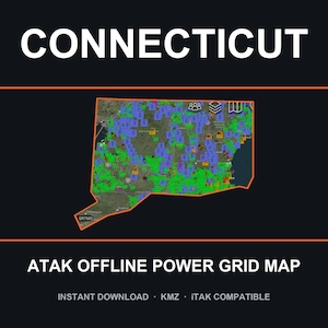Puede incluir: Un mapa digital de Connecticut sobre un fondo oscuro con el texto CONNECTICUT en la parte superior y ATAK OFFLINE POWER GRID MAP en la parte inferior. El mapa presenta un contorno naranja lleno de marcadores e iconos verdes y azules.