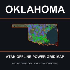 Puede incluir: Un mapa digital de Oklahoma con un contorno naranja y numerosos iconos verdes y azules superpuestos en una vista satelital. El texto OKLAHOMA y ATAK OFFLINE POWER GRID MAP aparece en blanco, con INSTANT DOWNLOAD, KMZ e ITAK COMPATIBLE debajo.