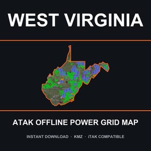 Puede incluir: Un mapa digital de Virginia Occidental sobre un fondo negro con el texto WEST VIRGINIA en la parte superior y ATAK OFFLINE POWER GRID MAP en la parte inferior. El contorno del estado está resaltado en naranja y lleno de puntos de red verdes y azules.
