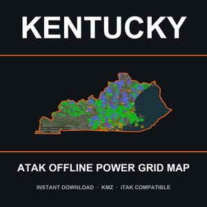 Puede incluir: Un mapa digital de Kentucky delineado en naranja sobre un fondo oscuro, que muestra una red eléctrica con marcadores verdes y azules. El texto dice KENTUCKY, ATAK OFFLINE POWER GRID MAP, INSTANT DOWNLOAD, KMZ e ITAK COMPATIBLE.