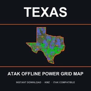Puede incluir: Un mapa digital de Texas con un contorno naranja y una cuadrícula superpuesta con áreas sombreadas en verde y azul. El texto dice TEXAS en la parte superior y ATAK OFFLINE POWER GRID MAP en la parte inferior, seguido de INSTANT DOWNLOAD · KMZ · ITAK COMPATIBLE.