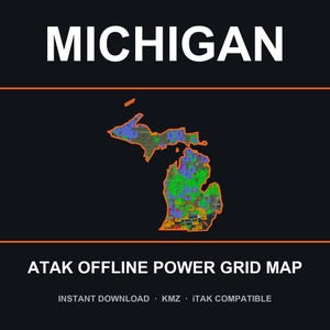 Puede incluir: Un mapa digital de Michigan que presenta una representación colorida y texturizada de la red eléctrica. El texto MICHIGAN aparece en la parte superior, con ATAK OFFLINE POWER GRID MAP, INSTANT DOWNLOAD, KMZ e ITAK COMPATIBLE debajo.