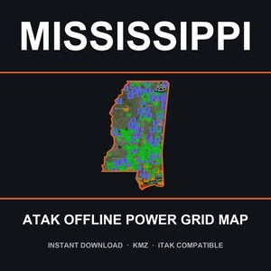 Puede incluir: Un mapa digital de Mississippi con un contorno naranja y una cuadrícula de puntos de datos verdes y azules. El texto dice MISSISSIPPI, ATAK OFFLINE POWER GRID MAP, INSTANT DOWNLOAD, KMZ e iTAK COMPATIBLE sobre un fondo oscuro.