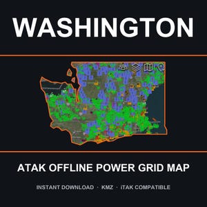 Puede incluir: Un mapa digital del estado de Washington con un contorno naranja, que muestra una compleja red de marcadores verdes, azules y naranjas sobre el terreno. El texto dice WASHINGTON, ATAK OFFLINE POWER GRID MAP, INSTANT DOWNLOAD, KMZ, iTAK COMPATIBLE.