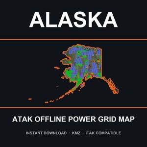 Puede incluir: Un mapa digital de Alaska delineado en naranja sobre un fondo negro. El mapa presenta una cuadrícula con regiones sombreadas en verde y azul. El texto superior dice ALASKA, y el inferior ATAK OFFLINE POWER GRID MAP, INSTANT DOWNLOAD, KMZ, ITAK COMPATIBLE.