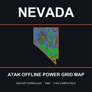 Puede incluir: Un mapa digital de Nevada delineado en naranja sobre un fondo oscuro, con una cuadrícula de marcadores verdes y azules. El texto dice NEVADA, ATAK OFFLINE POWER GRID MAP, INSTANT DOWNLOAD, KMZ e iTAK COMPATIBLE en letras mayúsculas blancas.