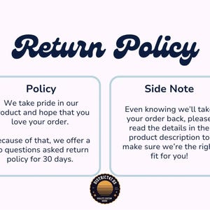 May include: A graphic detailing a "Return Policy" with text explaining a 30-day no-questions-asked return policy. The image also includes the text "Made in the USA" and a logo.