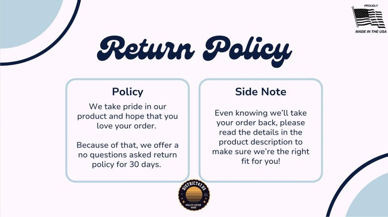 May include: A graphic detailing a "Return Policy" with text explaining a 30-day no-questions-asked return policy. The image also includes the text "Made in the USA" and a logo.