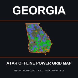 Puede incluir: Un mapa digital de Georgia con un contorno naranja y una densa superposición de marcadores verdes, azules y naranjas. El texto dice GEORGIA, ATAK OFFLINE POWER GRID MAP, INSTANT DOWNLOAD, KMZ e iTAK COMPATIBLE sobre un fondo oscuro.