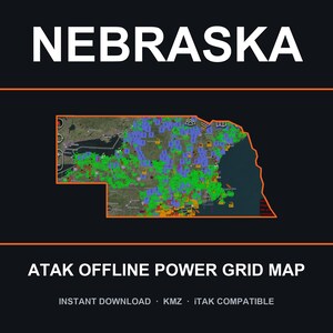 Puede incluir: Un mapa digital de Nebraska sobre un fondo oscuro con el texto NEBRASKA y ATAK OFFLINE POWER GRID MAP. El mapa presenta un contorno naranja del estado lleno de numerosos iconos verdes y azules que representan datos de la red eléctrica.