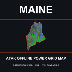 Puede incluir: Un mapa digital de Maine sobre un fondo negro con el texto MAINE y ATAK OFFLINE POWER GRID MAP. El mapa presenta un contorno naranja con superposiciones de cuadrícula verdes y azules. El texto incluye INSTANT DOWNLOAD, KMZ e ITAK COMPATIBLE.