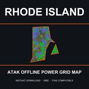 Puede incluir: Un mapa digital de Rhode Island con un contorno naranja y una superposición de red eléctrica multicolor. El texto dice RHODE ISLAND, ATAK OFFLINE POWER GRID MAP, INSTANT DOWNLOAD, KMZ e ITAK COMPATIBLE sobre un fondo oscuro.