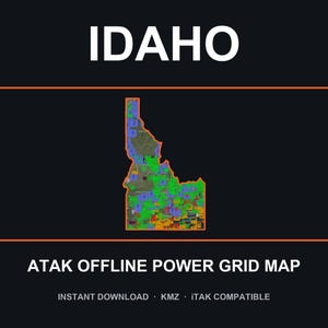 Puede incluir: Un mapa digital de Idaho con una superposición de red eléctrica colorida sobre un fondo oscuro. El texto dice IDAHO, ATAK OFFLINE POWER GRID MAP, INSTANT DOWNLOAD, KMZ e ITAK COMPATIBLE. El contorno del estado está resaltado en naranja.