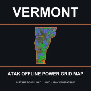 Puede incluir: Un mapa digital de Vermont delineado en naranja sobre un fondo oscuro. El mapa presenta una cuadrícula con varios marcadores e iconos de colores. El texto en la parte superior dice VERMONT y en la inferior ATAK OFFLINE POWER GRID MAP.