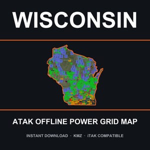 Puede incluir: Un mapa digital de Wisconsin delineado en naranja sobre un fondo negro. El mapa presenta una densa superposición de marcadores de cuadrícula verdes, azules y naranjas. El texto superior dice WISCONSIN y el inferior ATAK OFFLINE POWER GRID MAP.