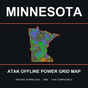Puede incluir: Un mapa digital de Minnesota con un contorno naranja y una cuadrícula multicolor superpuesta. El texto dice MINNESOTA en la parte superior y ATAK OFFLINE POWER GRID MAP en la inferior, junto a INSTANT DOWNLOAD, KMZ e ITAK COMPATIBLE.
