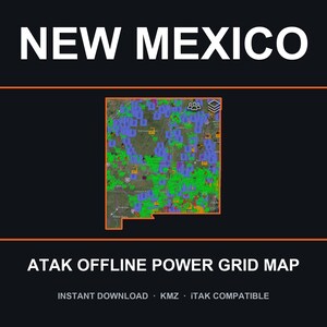 May include: A digital map of New Mexico displayed on a dark background with the text NEW MEXICO and ATAK OFFLINE POWER GRID MAP. The map features an orange border and is populated with numerous blue and green icons representing power grid data.