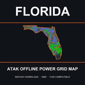 Puede incluir: Un mapa digital de Florida delineado en naranja sobre un fondo negro. El mapa muestra una red eléctrica con secciones codificadas por colores verde, azul y marrón. El texto dice FLORIDA, ATAK OFFLINE POWER GRID MAP, INSTANT DOWNLOAD, KMZ, ITAK COMPATIBLE.