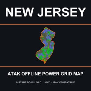 Puede incluir: Un gráfico digital con el texto NEW JERSEY en la parte superior y ATAK OFFLINE POWER GRID MAP en la parte inferior. En el centro, un mapa de Nueva Jersey delineado en naranja, relleno con una cuadrícula de cuadrados azules, verdes y naranjas.