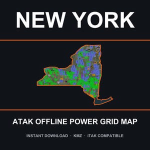 Può includere: Una mappa digitale dello stato di New York con contorno arancione su sfondo scuro. L'interno presenta una griglia di indicatori verdi e blu. Il testo in alto recita NEW YORK, quello in basso ATAK OFFLINE POWER GRID MAP, KMZ, iTAK COMPATIBLE.
