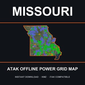 Puede incluir: Un mapa digital de Missouri delineado en naranja sobre un fondo oscuro, con numerosos marcadores azules, verdes y naranjas en todo el estado. El texto dice MISSOURI, ATAK OFFLINE POWER GRID MAP, INSTANT DOWNLOAD, KMZ e iTAK COMPATIBLE.