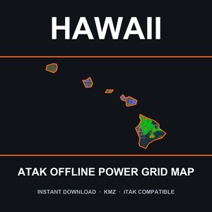 Puede incluir: Un mapa digital de Hawái con el texto HAWAII en la parte superior y ATAK OFFLINE POWER GRID MAP en la parte inferior. Las islas están delineadas en naranja sobre un fondo oscuro, mostrando detalles de la red eléctrica en verde.