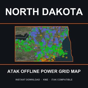Puede incluir: Un mapa digital de Dakota del Norte etiquetado como NORTH DAKOTA y ATAK OFFLINE POWER GRID MAP. El mapa presenta una vista satelital con numerosos iconos verdes, azules y naranjas superpuestos. El texto incluye INSTANT DOWNLOAD, KMZ e iTAK COMPATIBLE.