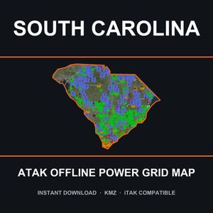 May include: A digital map of South Carolina outlined in orange on a black background. The map features a grid overlay with various blue and green markers. Text reads: SOUTH CAROLINA, ATAK OFFLINE POWER GRID MAP, INSTANT DOWNLOAD, KMZ, ITAK COMPATIBLE.