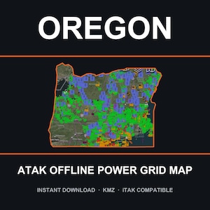 May include: A digital map of Oregon outlined in orange on a dark background. The map displays a satellite view overlaid with green, blue, and orange icons representing a power grid. Text includes OREGON, ATAK OFFLINE POWER GRID MAP, INSTANT DOWNLOAD, KMZ, and ITAK COMPATIBLE.