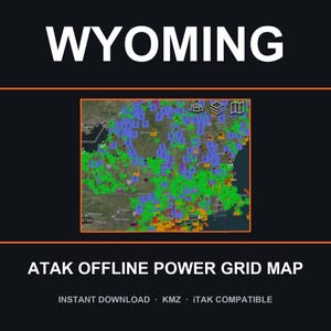 Puede incluir: Un mapa digital de Wyoming sobre un fondo oscuro con el texto WYOMING y ATAK OFFLINE POWER GRID MAP. El mapa muestra una vista satelital del terreno superpuesta con numerosos iconos verdes, azules y naranjas del sistema eléctrico.