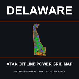 May include: A digital map of Delaware displayed on a dark background with the text DELAWARE and ATAK OFFLINE POWER GRID MAP. The map features a multi-colored grid overlay within the state borders, with additional text reading INSTANT DOWNLOAD KMZ ITAK COMPATIBLE.