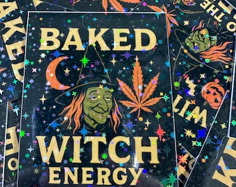 Sticker énergie sorcière cuite au four : Sticker Halloween stoner holographique en vinyle